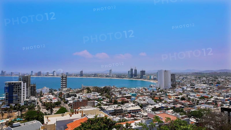 Panoramic view of Mazatlan sea promenade and waterfront El Malecon with ocean lookouts and beaches