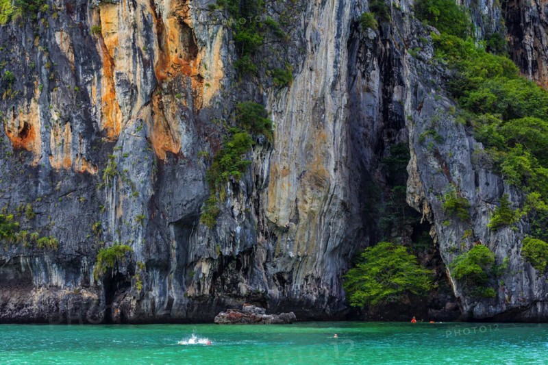 Chalk cliffs with lagoon near Krabi, weather, sky, climbing rocks, climbing, mountain, hill, mountainous, rainforest, nature, island, travel, tourism, climate, snorkelling, swimming, bathing, bathing holiday, beach holiday, tropical, season, holiday, exotic, sun, sunny, blue sky, travel photo, rocks, rocky, sandstone cliffs, coast, coastal landscape, landscape, nature, natural landscape, Siam, paradise, holiday paradise, limestone cliffs, Railay beach, Phuket, Thailand, Asia