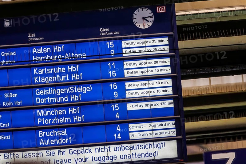 European Football Championship in Germany, and the railway has a problem with reliability. Numerous train connections are delayed, others are cancelled. Display board at Stuttgart main station, Baden-Württemberg, Germany, Europe