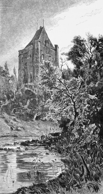 Ritzebüttel Castle, Cuxhaven, Lower Saxony, castle tower, lake, park, Germany, historical illustration 1880, Europe