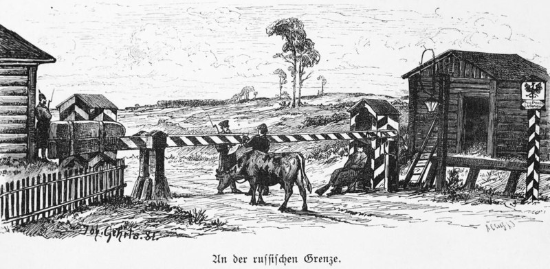 Control, land border between Russia and Lithuania, Curonian Spit, Baltic Sea, barrier, customs, wooden house, shield, soldiers, farmer, cow, historical illustration 1880