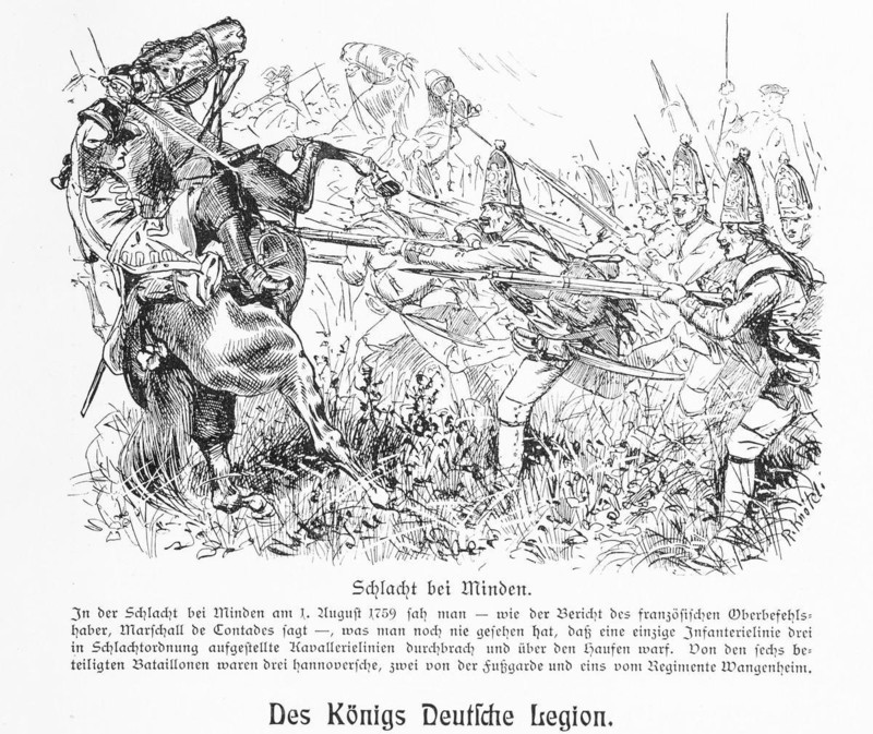 Battle scene with many soldiers on foot and on horseback, Battle of Minden on 1 August 1759, the King's German Legion in battle in a meadow, horse mounts and is mortally wounded, rider is thrown off, infantry, cavalry, Hanoverian battalions, foot guard, Wangenheim regiment, historical illustration from 'Zur Erinnerung an die Königlich Hannoversche Armee und ihre Stammtruppen', commemorative sheet for the celebration of 19 December 1903, Meisenbach, Riffarth & Co., Germany, Europe