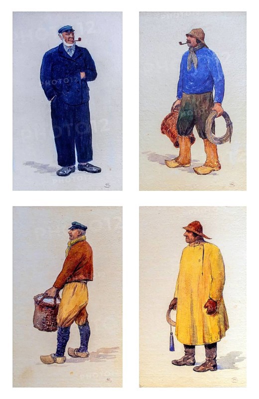 Drawings of traditional outfits of Flemish fishermen from Blankenberge and Ostend, Oostende along the North Sea coast, West Flanders, Belgium, Europe