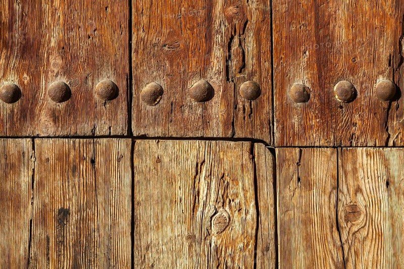 Close-up of an old solid wooden door with metal rivets, Granada, Andalusia, Spain, Europe