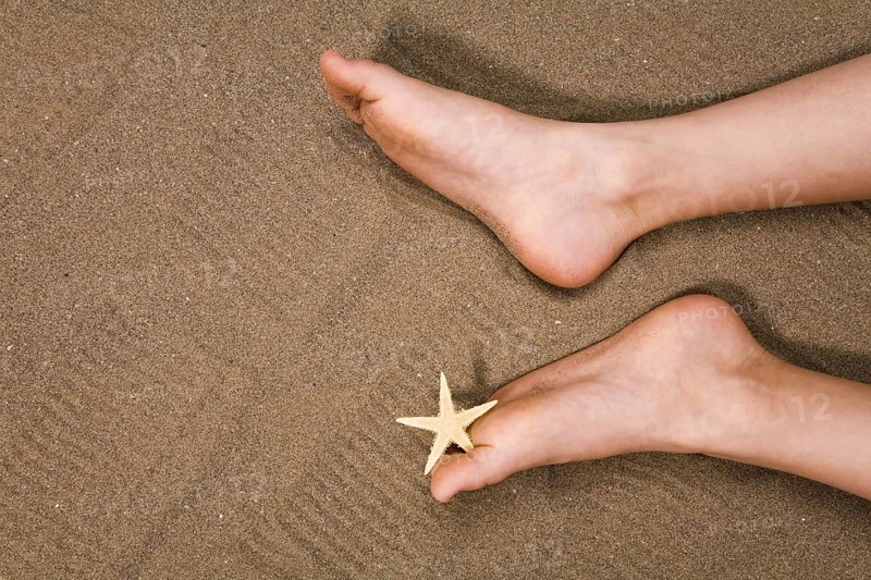 Two feet lying in the sand, starfish between the toes, holiday, North Sea coast, North Sea coast, Lower Saxony, Federal Republic of Germany