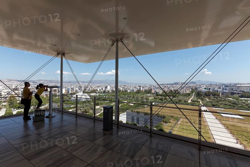 Visitors on the viewing terrace, view of the landscape park and Athens, cultural centre of the Stavros Niarchos Foundation, architect Renzo Piano, Kallithea, metropolitan region of Athens, Greece, Europe