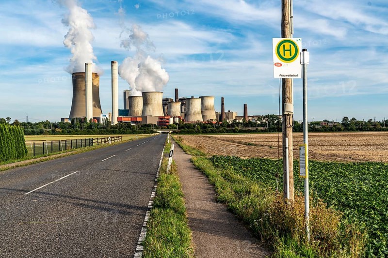 Public transport in the countryside, bus stop of line 924, REVG Rhein-Erft-Verkehrsgesellschaft mbH, near Frauweilerhof, at the Niederaußem power station, operates weekdays between 6 a.m. and 6 p.m., Bergheim, North Rhine-Westphalia, Germany, Europe