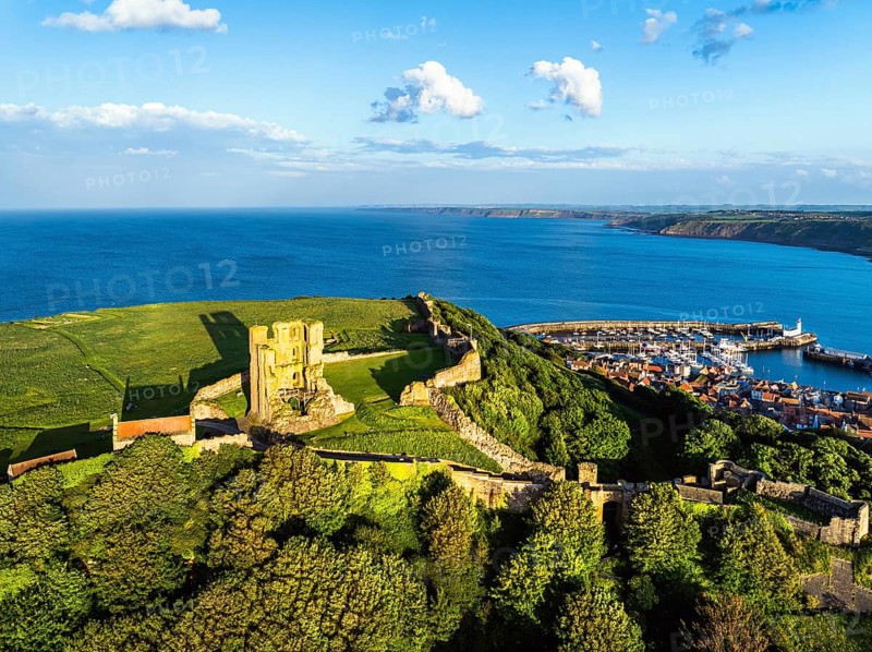 Scarborough Castle from a drone, Scarborough, North Yorkshire, England, United Kingdom, Europe