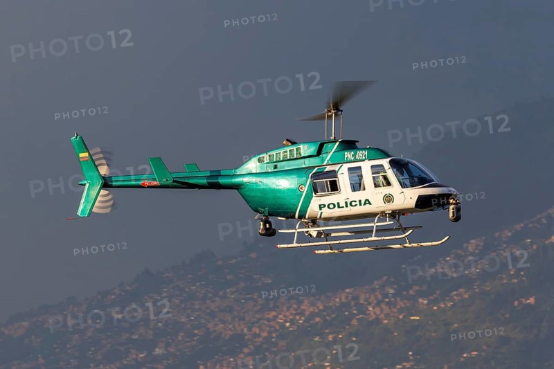 A Bell 206L-3 LongRanger III helicopter of the Policia Colombia with the registration number PNC0921 at Enrique Olaya Herrera Airport in Medellin, Colombia, South America