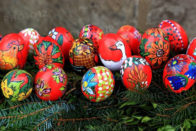 Detail of an Easter fountain in Franconian Switzerland, Bamberg district, Upper Franconia, Germany, many colourful blown-out and dyed eggs as decoration, Easter custom, Europe