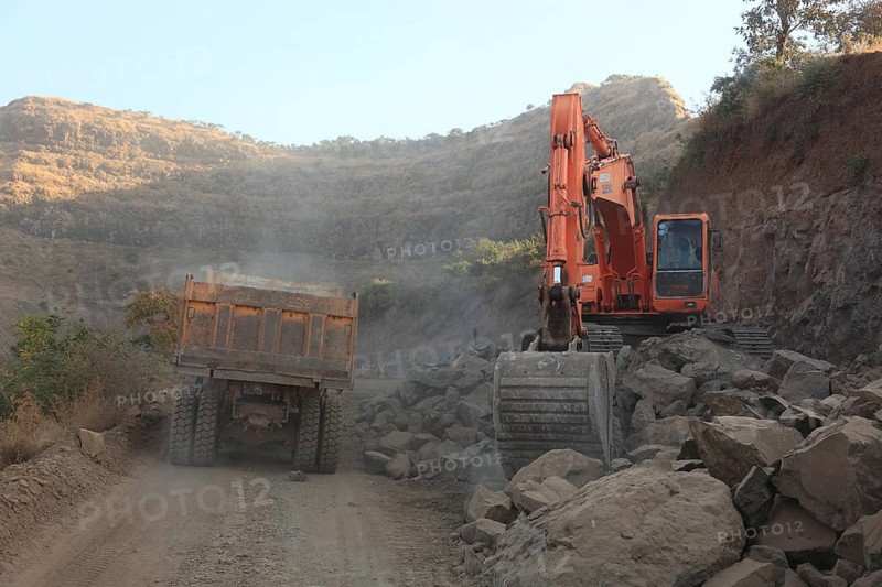 In the highlands of Abyssinia, in the Semien Mountains, construction of a new pass road, Ethiopia, Africa