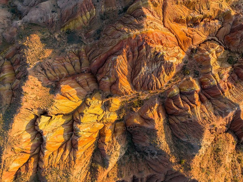 Aerial view, eroded mountain landscape, sandstone cliffs, canyon with red and orange rock formations, Farytale Canyon Skazka, Issyk Kul, Kyrgyzstan, Asia
