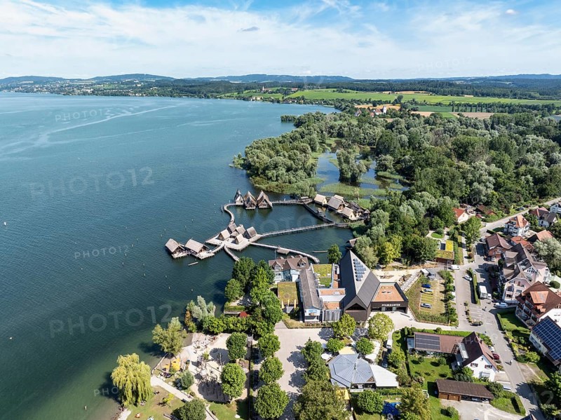 Aerial view of the pile dwellings, Lake Dwelling Museum, Open Air Museum Unteruhldingen, Uhldingen-Mühlhofen, Lake Constance, Lake Constance, Baden-Württemberg, Germany, Europe