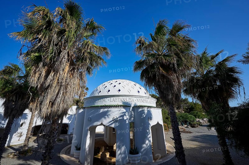 White building with domed roof and palm trees, shown under a clear blue sky, thermal springs, thermal baths, thermal baths of Kallithea, Kallithea, Rhodes, Dodecanese, Greek Islands, Greece, Europe