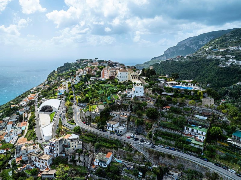 Ravello from a drone, Amalfi Coast, Tyrrhenian Sea, Salerno, Campania, Italy, Europe