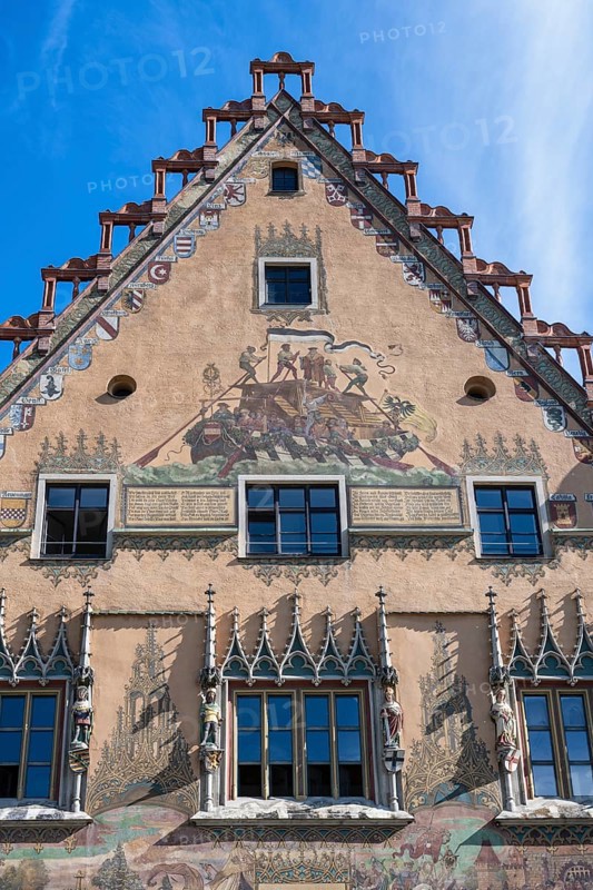 Historic wall paintings and stucco work, stonemasonry at Ulm Town Hall, Baden-Württemberg, Germany, Europe