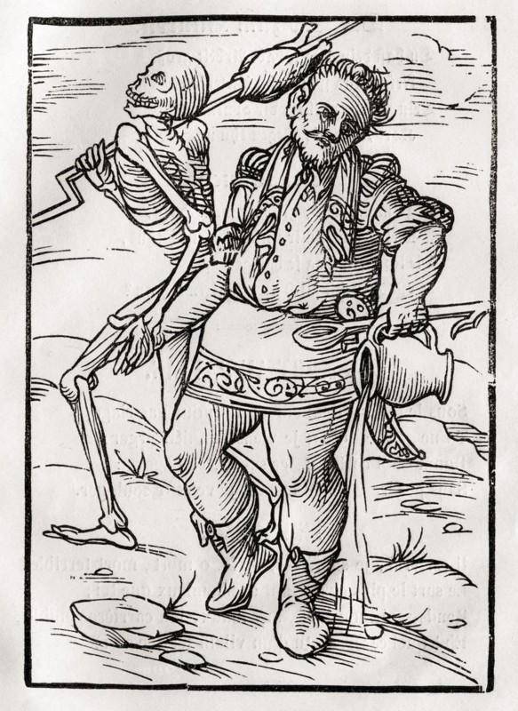 Der Tod holt den Koch aus Der Todten Tanz oder Der Totentanz, Basel 1843, Death comes for the Cook From Der Todten Tanz or The Dance of Death published Basel 1843, Historic, digitally restored reproduction from a 19th century original, Record date not stated