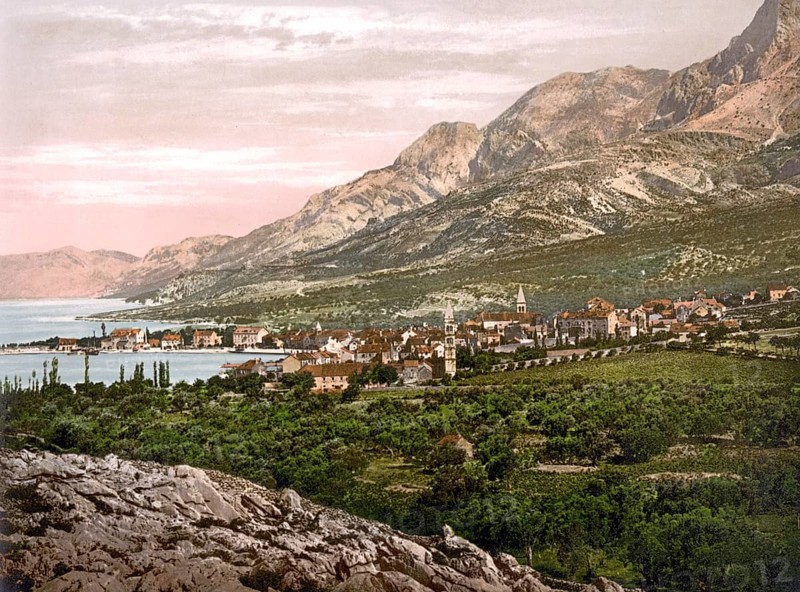 Makarska, general view, Dalmatia, Croatia, Austro-Hungary, digitally restored reproduction from a 19th century original, record date not stated, general view, Dalmatia, Croatia, Austro-Hungary, digitally restored reproduction from a 19th century original, record date not stated, Europe