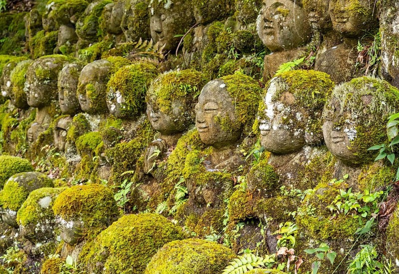 Moss-covered stone statues of rakans, the disciples of Buddha, Otagi Nenbutsu-ji temple, Kyoto, Japan, Asia