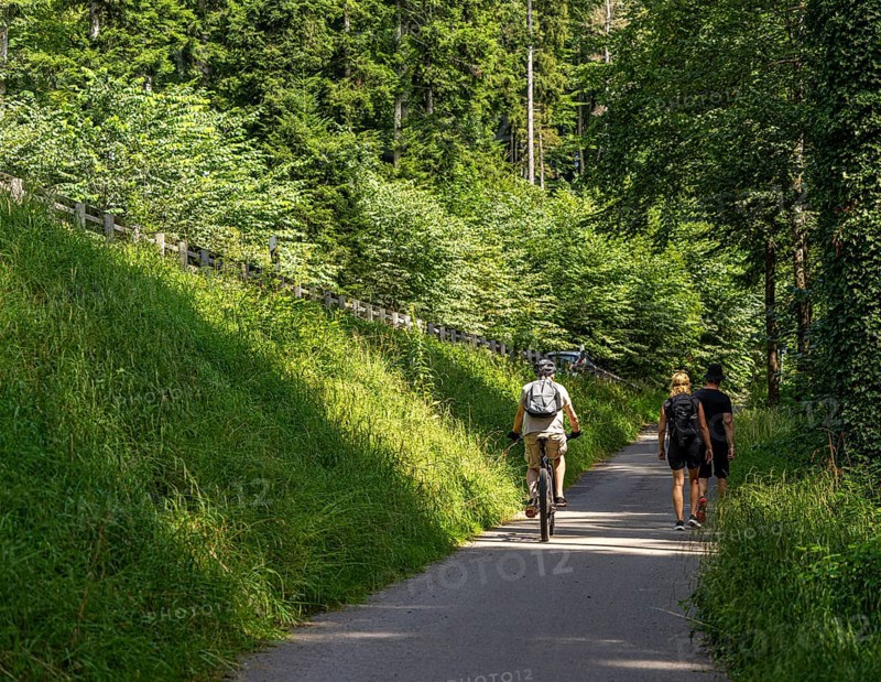 Cyclists and hikers on a circular route on Lake Tegernsee, Bavaria, Germany, Europe