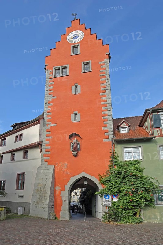 Historic upper gate tower, upper tower, gate tower, red town tower with stepped gable and clock, Meersburg, Obersee, Lake Constance, Lake Constance area, Baden-Württemberg, Germany, Europe