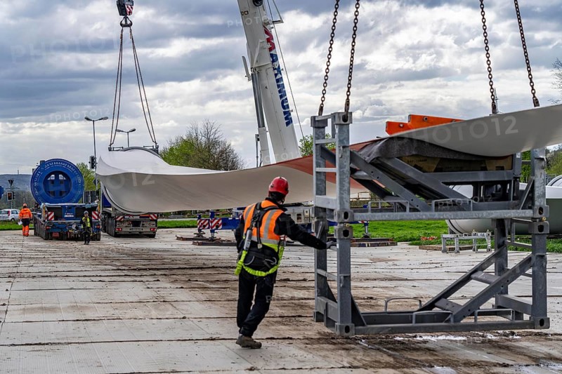 Preparation for the transport of a 68 metre long blade, a wind turbine, with a self-propelled Blade-Lifter vehicle, over a 40 km long route in the Bergisches Land, through towns, villages, over country roads, narrow through roads, to the construction site of the wind turbine near Hagen, North Rhine-Westphalia, Germany, Europe