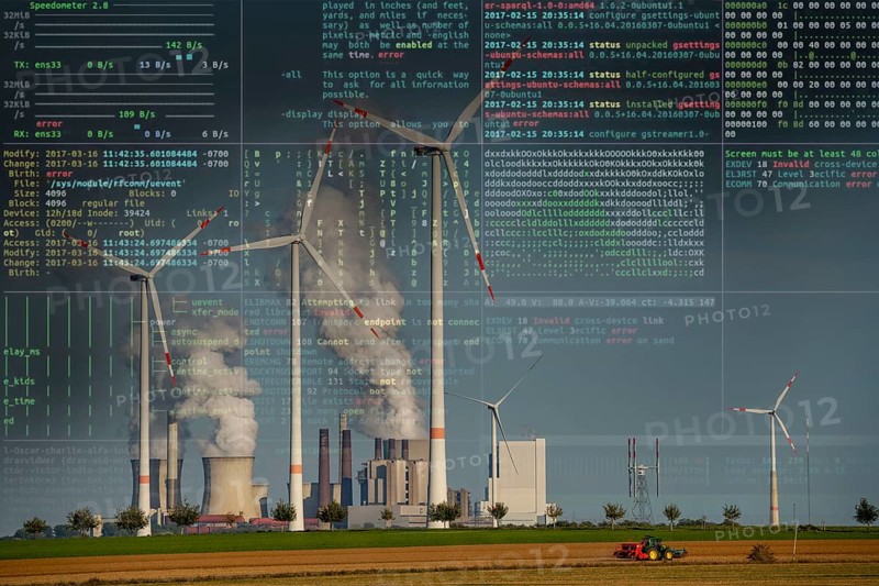 Symbolic image Critical infrastructure, blackout risk, cyberterrorism, lignite-fired power plant, RWE Power AG Seurat power plant, wind power plants, 2 units were shut down in 2020/21 and restarted in June 22 to replace gas-fired power plants in the 2022 energy crisis, Bergheim, North Rhine-Westphalia, Germany, Europe