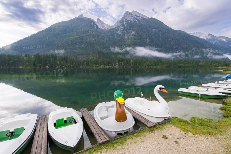 Jetty with boats at Hintersee, pedal boats, Ramsau, Berchtesgaden National Park, Berchtesgadener Land, Upper Bavaria, Bavaria, Germany, Europe