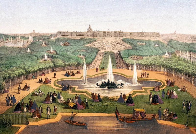 Panorama du Chateau et parc, Overview of the Palace and Park of Versailles, c. 1870, France, Historical, Digitally restored reproduction from a 19th century original, Record date not stated, Europe