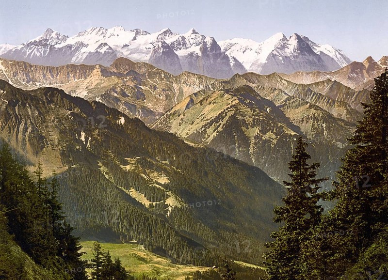 Bernese Alps, from Stanserhorn, Bernese Oberland, Switzerland, Historic, digitally restored reproduction from a 19th century original, Record date not stated, Bernese Alps, from Stanserhorn, Bernese Oberland, Switzerland, Historic, digitally restored reproduction from a 19th century original, Record date not stated, Europe