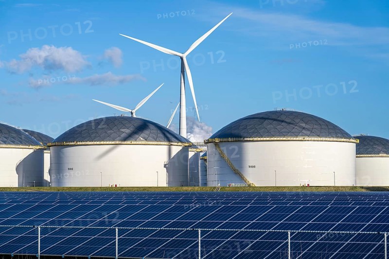 Vopak Solarpark Eemshaven, 19 hectares of solar modules with a capacity of 25 megawatts, around the Vopak tank terminal in the industrial harbour of Eemshaven, wind farm, Groningen, Netherlands