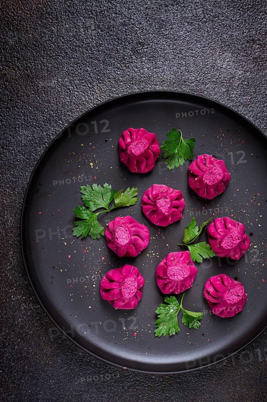 Beetroot khinkali, mini khinkali, purple, Georgian cuisine, no people