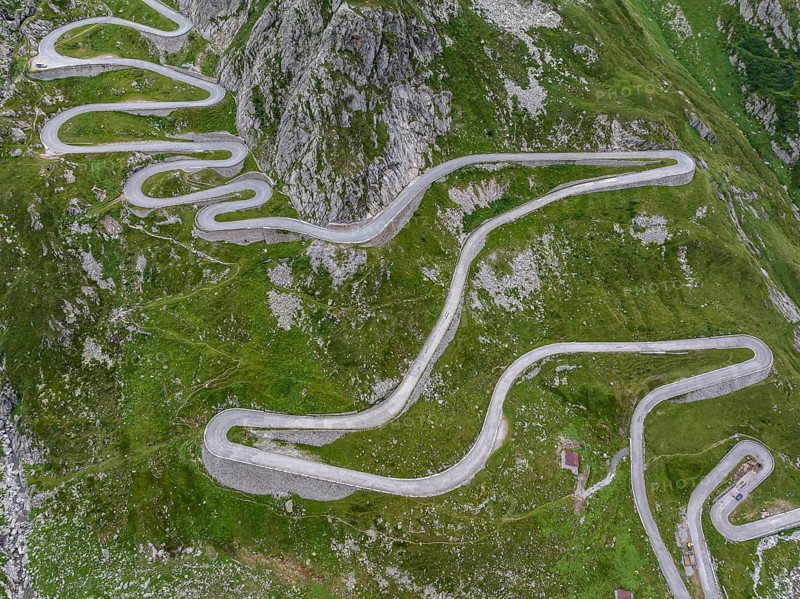 La Tremola, world-famous serpentine road through the Val Tremolo, road construction monument, Alpine pass with 24 hairpin bends. Old Gotthard Pass. Drone photo. Airolo, Canton Ticino, Switzerland, Europe