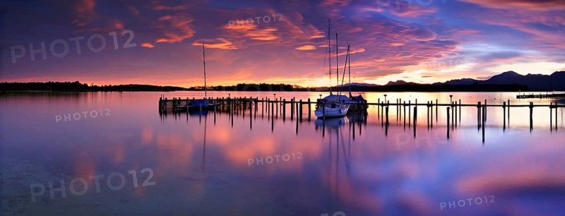 Panorama, jetty on Lake Chiemsee at sunrise, Prien am Chiemsee, Bavaria, Germany, Europe
