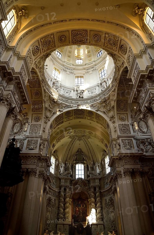 Europe, Germany, Bavaria, Munich, Odeonsplatz, Theatine Church from 1663, St Cajetan, founder of the Theatine Order, interior view, view to the altar and ceiling vault, Europe