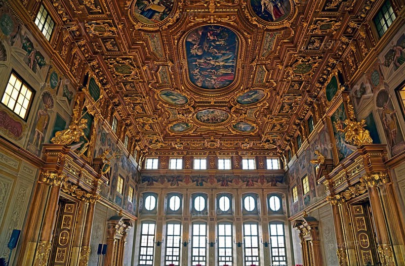 Europe, Germany, Bavaria, Swabia, Augsburg, Rathausmarkt, Town Hall, Renaissance, built 1615 to 1620, Golden Hall, view to the ceiling, Hamburg, Hamburg, Federal Republic of Germany, Europe