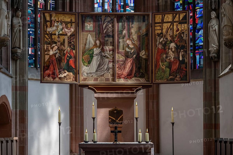 Winged altarpiece with the motif of the Annunciation in the chancel of the Gothic Chapel of St Mary, Würzburg, Lower Franconia, Bavaria, Germany, Europe