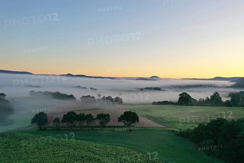 Morning fog over the Werra valley, from the Schlierbachsattel, Oberdünzenbach near Eschwege, Werra-Meißner district, Werra valley, North Hesse, Hesse, Germany, Europe