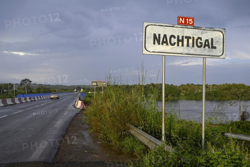 Sign at the Nachtigal Waterfalls on the Sanaga River, named after the German African explorer Gustav Nachtigal, near Batchenga, Centre Region, Cameroon, Africa