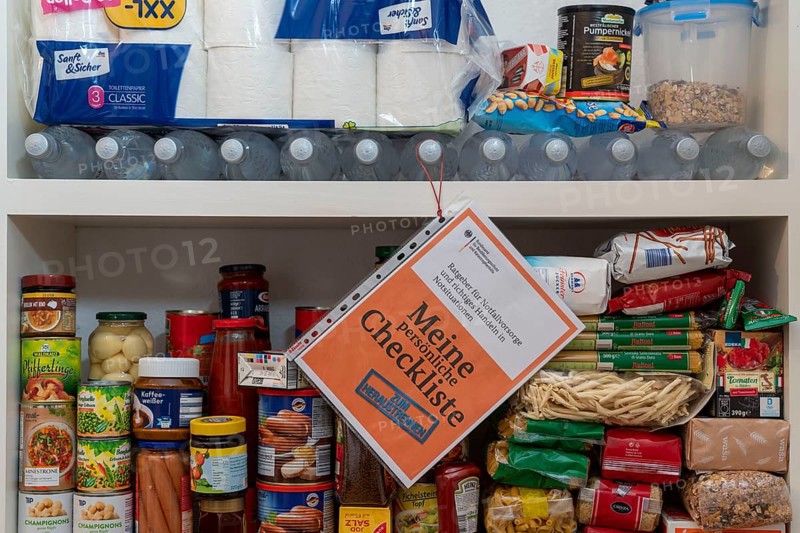 Emergency preparedness, food stock in a private household, shelf, pantry, with long-life food, stock for 10 days, according to the recommendations of the Federal Office of Civil Protection and Disaster Assistance