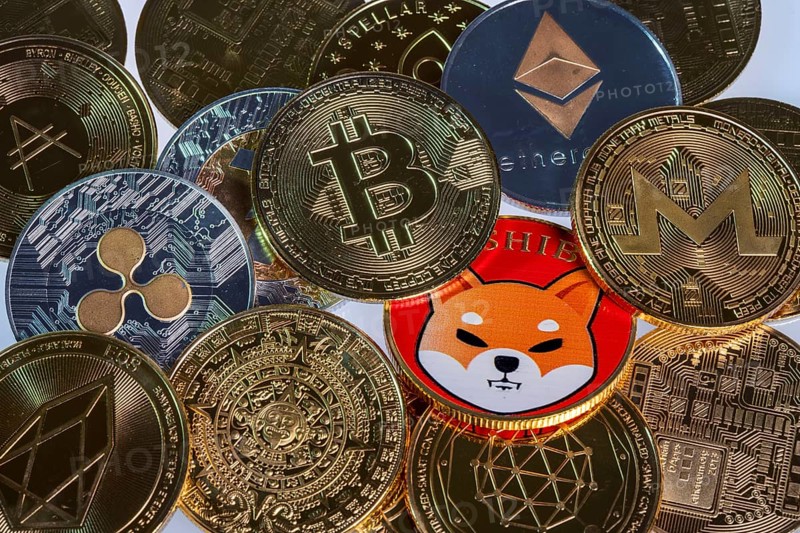 Various cryptocurrencies, symbol coins, optical placeholder for the digital currency, blockchain, Bitcoin, Ripple, Ethereum, Shiba Inu, Eos, Litecoin, Monero, Stellar, Adalevea, Qtum Blockchain, Tron, Maya