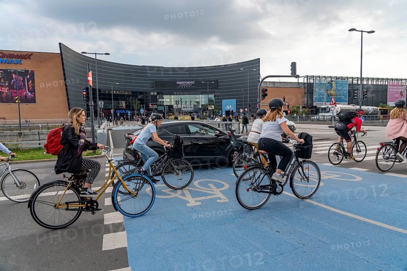 Cyclists on cycle paths, at the shopping centre Fisketorvet, Sydhavnen, in the city centre of Copenhagen, is considered the bicycle capital of the world, 45 % of the inhabitants travel by bike, Denmark, Europe
