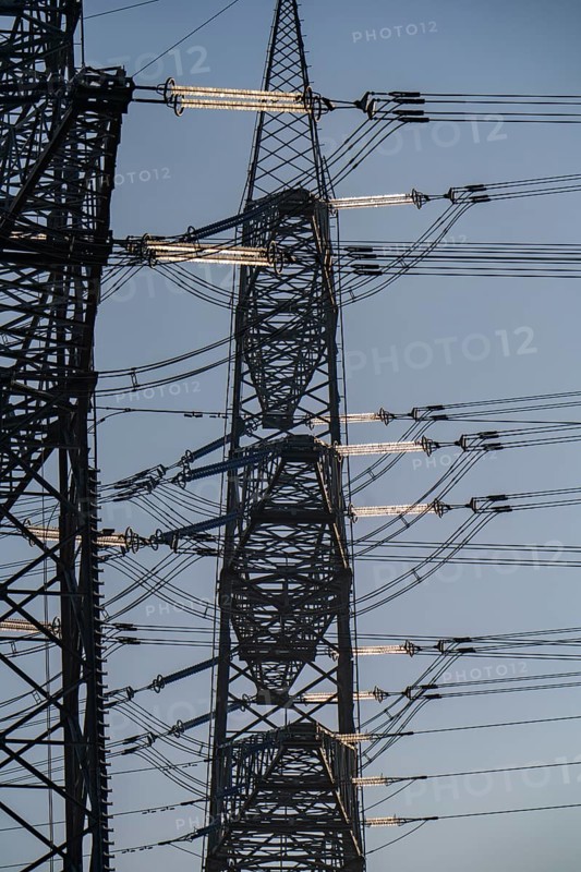 380 kV system, switchgear, from the transmission system operator Amprion, in the Emscherbruch in Herten, high-voltage pylon with glass insulators, North Rhine-Westphalia, Germany, Europe