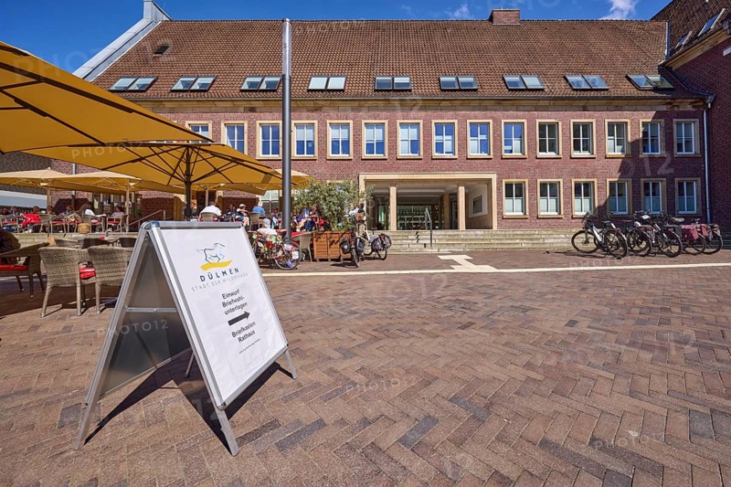 Posters with instructions for posting postal voting documents on the market square and town hall in Dülmen, Münsterland, Coesfeld district, North Rhine-Westphalia, Germany, Europe