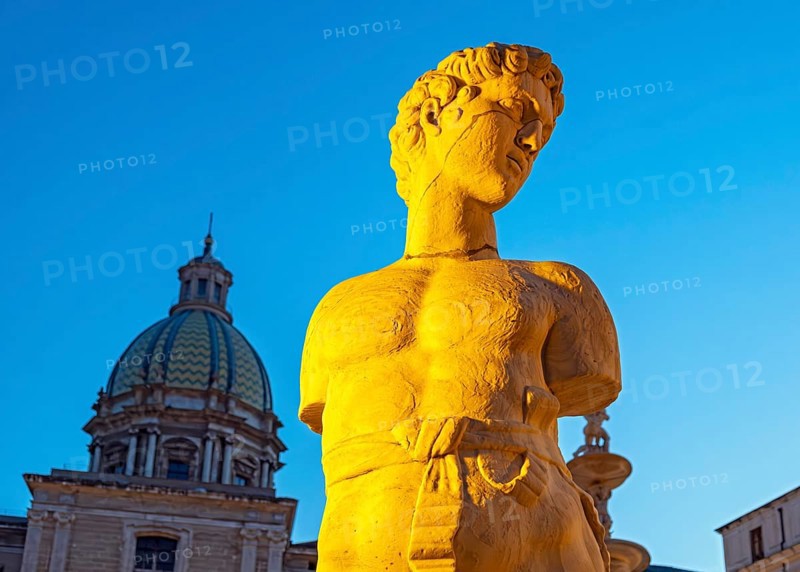 Statue detail by night, Praetorian Fountain or Fontana Pretoria, Palermo, Sicily, Italy, Europe