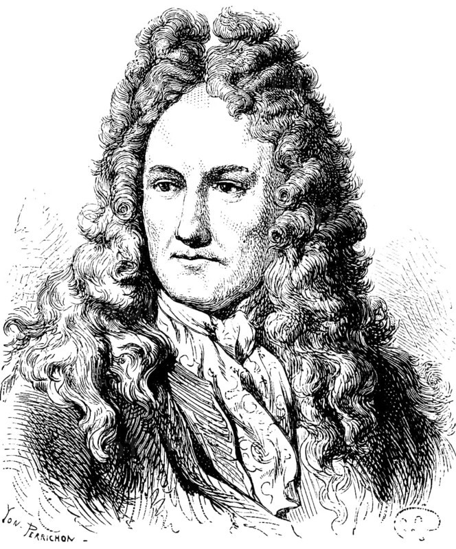Portrait of Gottfried Wilhelm von Leibniz, philosopher, historian, mathematician, inventor of a calculating machine, polymath, president of the Academy of Sciences in 1700, curly wig, neckerchief, history of Prussia, historical illustration 1882