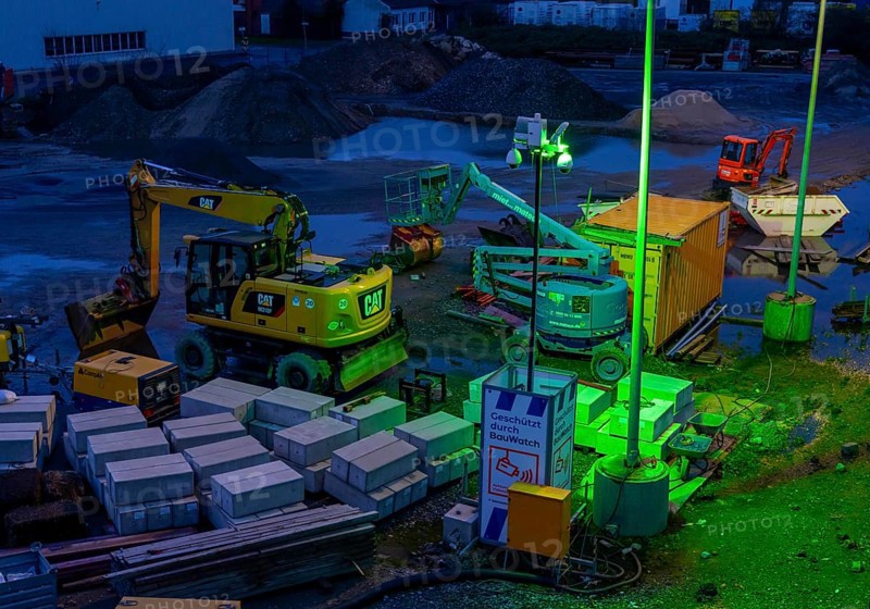 Construction site, construction material, construction tools, construction equipment, secured by BauWatch, camera surveillance, object in the green light of the surveillance camera, company for construction site security, surveillance, protection against theft and vandalism