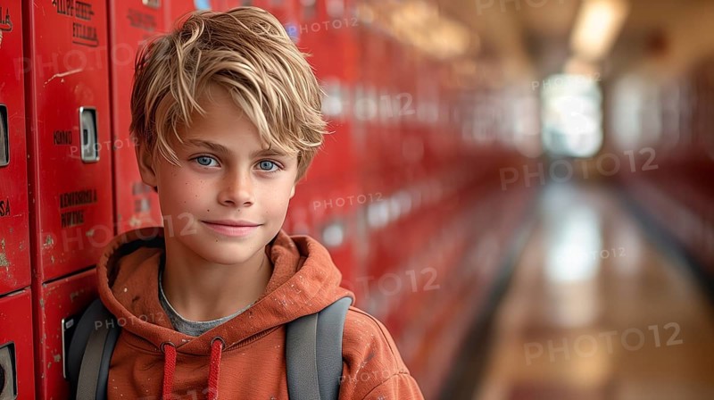Cute caucasian school boy in the hallway of his school. generative AI, AI generated