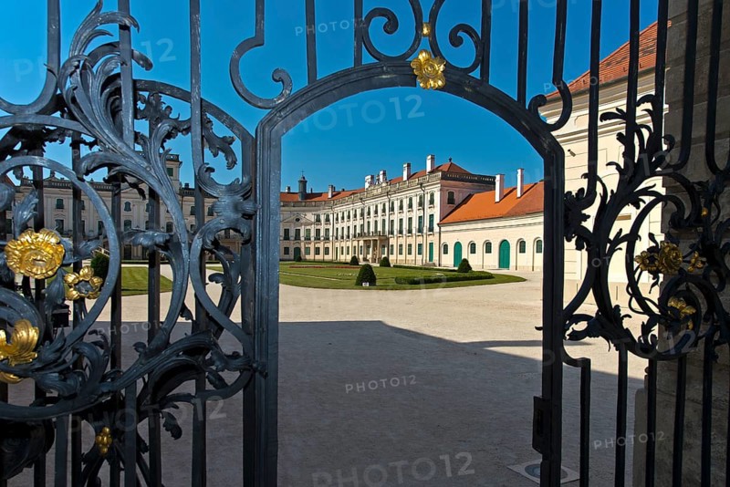 Wrought-iron gate at the entrance to Eszterhazy Castle, also known as Eszterháza Castle or Fertöd Castle, Esterhazy, Fertöd, Hungary, Europe