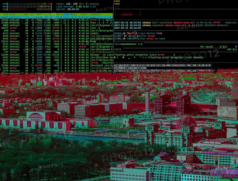 Symbolic image cyberattack, computer crime, cybercrime, computer hackers attack the IT infrastructure of a city, government district, Reichstag, Berlin